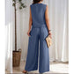 Round Neck Top and Wide-Leg Pants Casual Two-Piece Set
