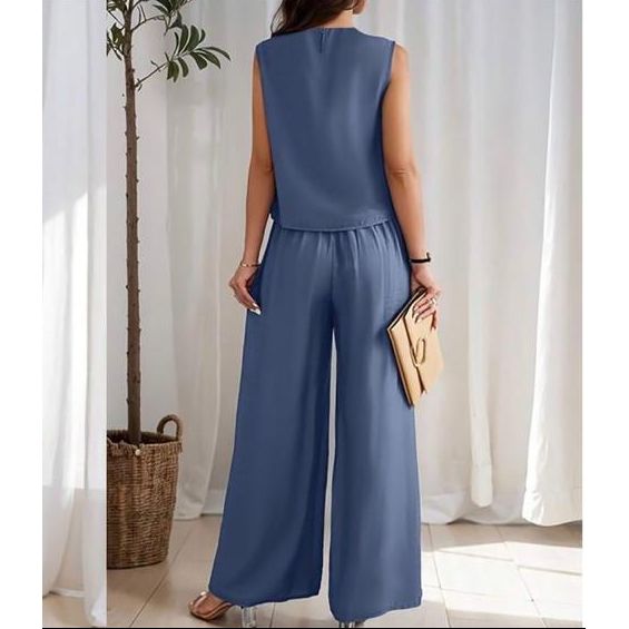 Round Neck Top and Wide-Leg Pants Casual Two-Piece Set