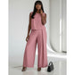 Round Neck Top and Wide-Leg Pants Casual Two-Piece Set