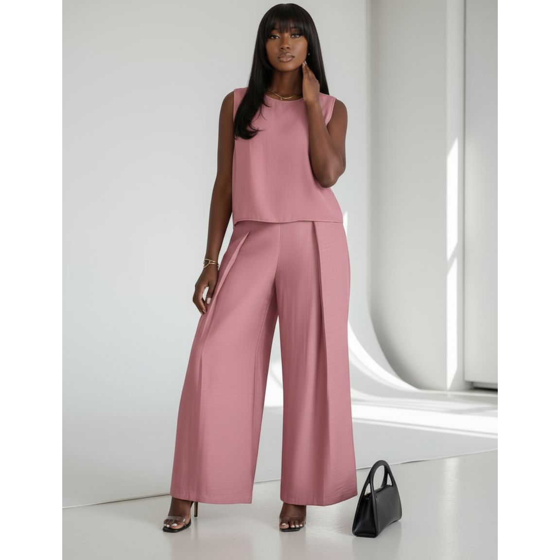 Round Neck Top and Wide-Leg Pants Casual Two-Piece Set