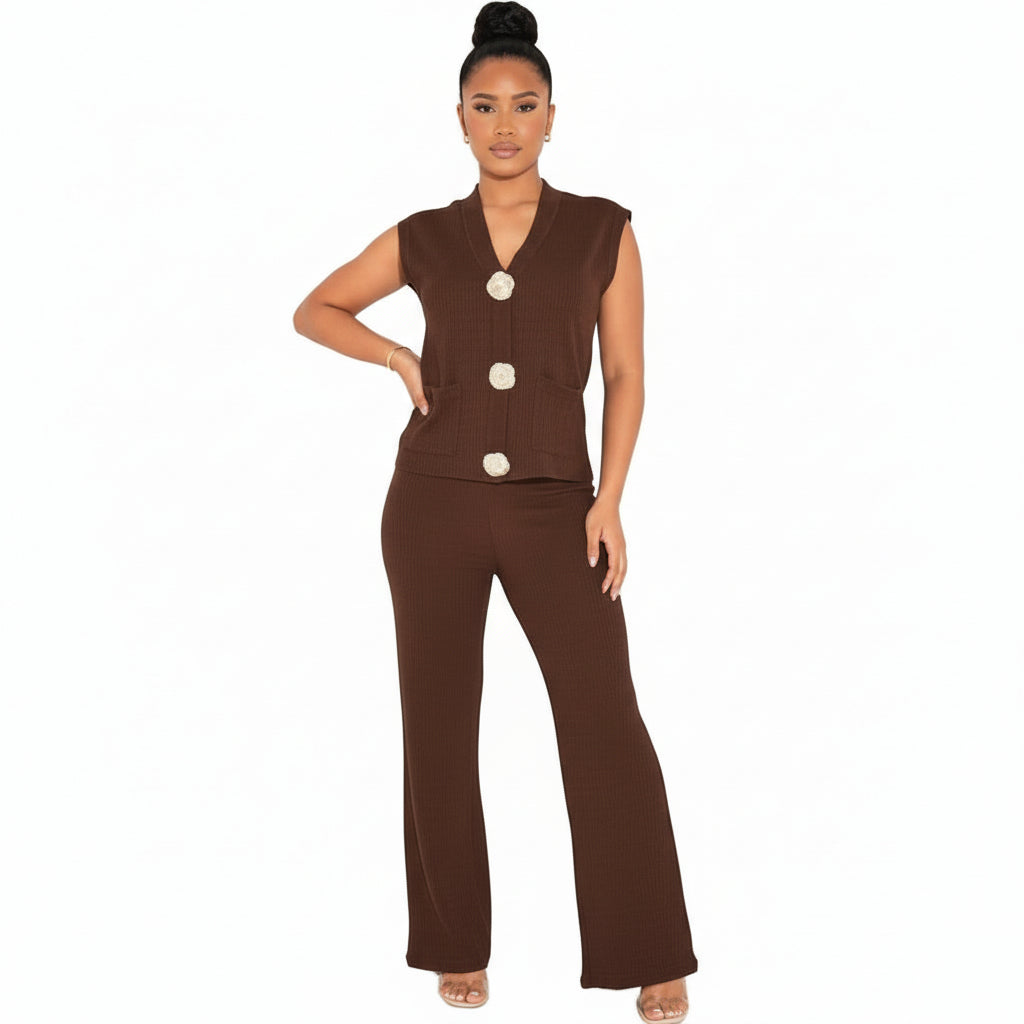 V-Neck Gold-Toned Button Decor Tank Top & Wide Leg Trousers