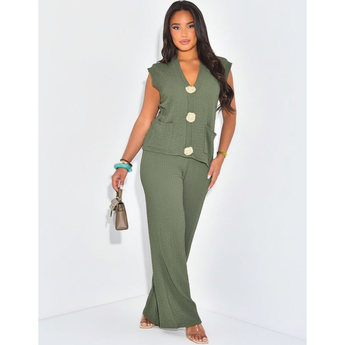V-Neck Gold-Toned Button Decor Tank Top & Wide Leg Trousers