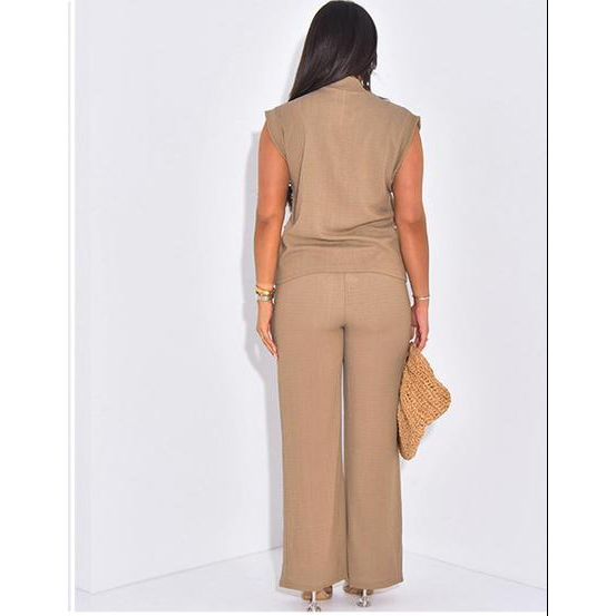 V-Neck Gold-Toned Button Decor Tank Top & Wide Leg Trousers
