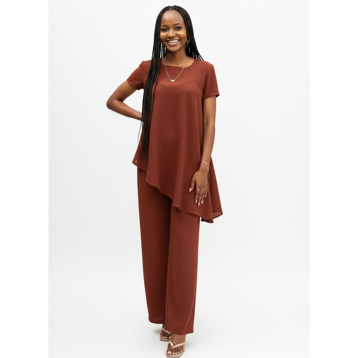 Asymmentric Bottom Short Sleeve Top and Pant Set.