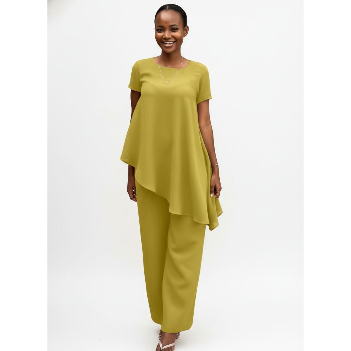 Asymmentric Bottom Short Sleeve Top and Pant Set.