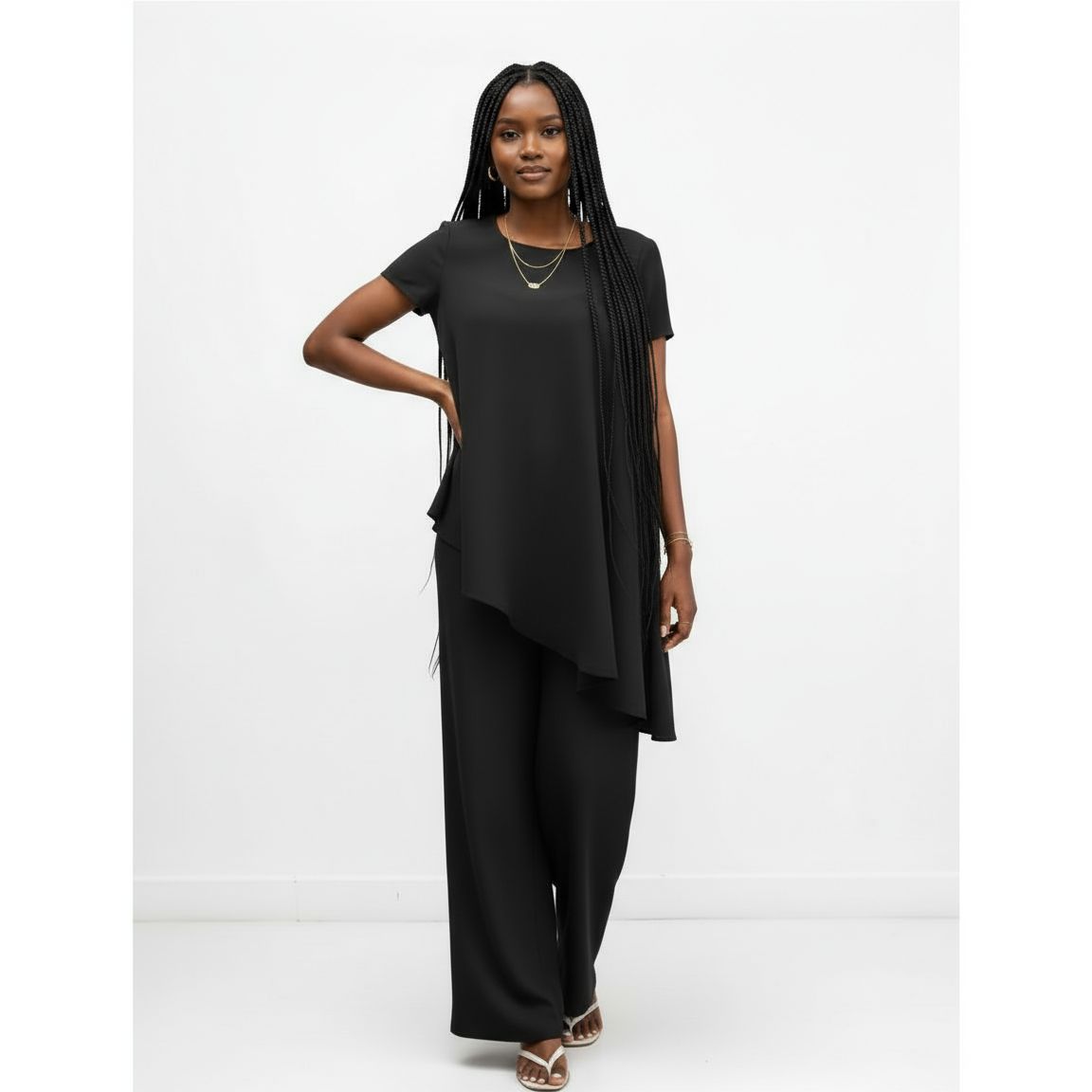 Asymmentric Bottom Short Sleeve Top and Pant Set.