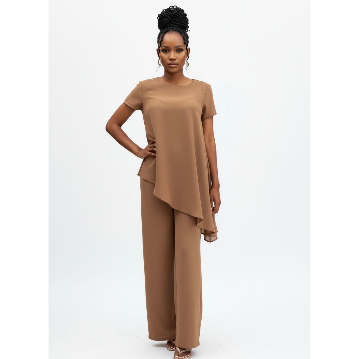 Asymmentric Bottom Short Sleeve Top and Pant Set.