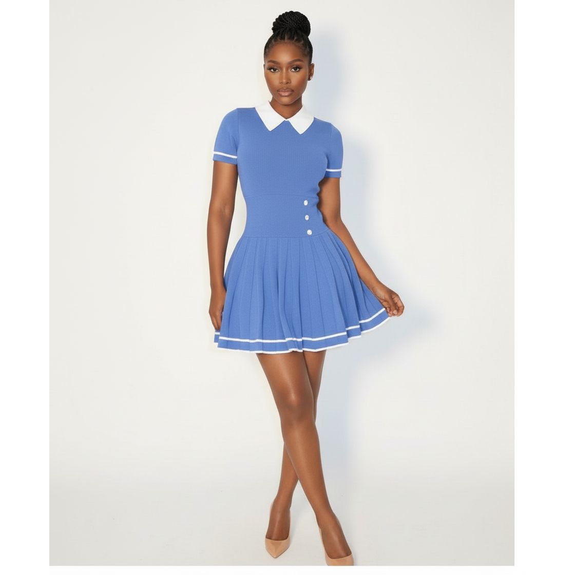 Collared Contrasting Pleated Knitted Mini Dress.