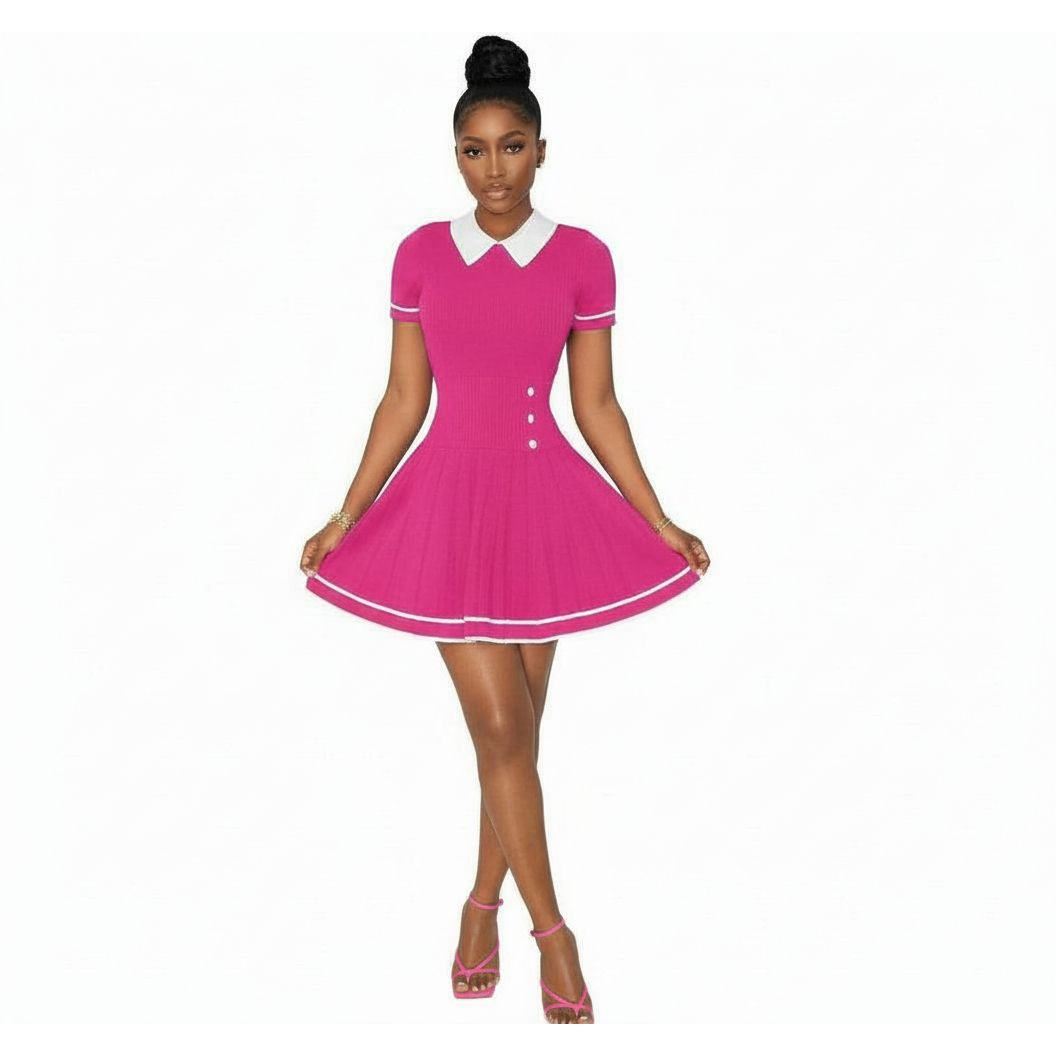 Collared Contrasting Pleated Knitted Mini Dress.