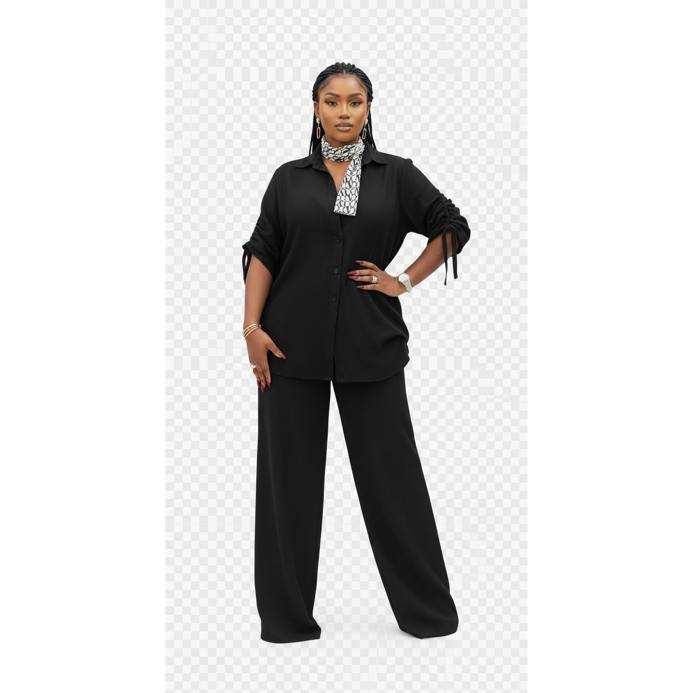 Irregular Adgustable Top & Wide Straight Long Pants Set.