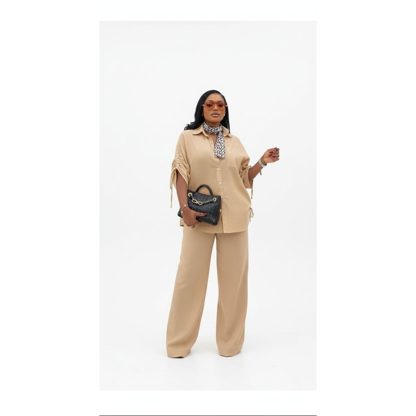 Irregular Adgustable Top & Wide Straight Long Pants Set.