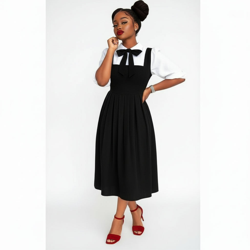 Three-quarter Sleeve Shirt with Square Neck Midi Dress & Bow-tie Set
