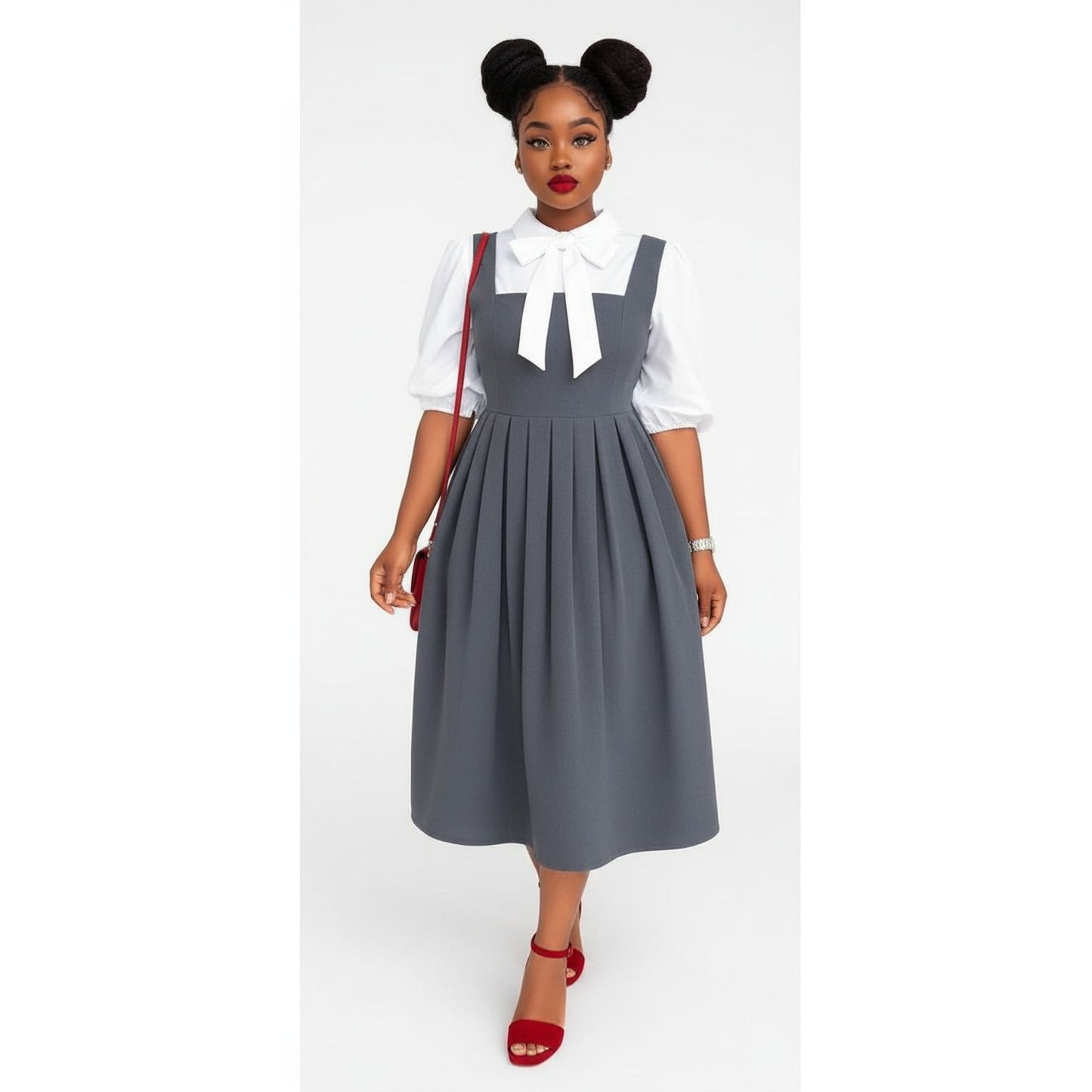 Three-quarter Sleeve Shirt with Square Neck Midi Dress & Bow-tie Set