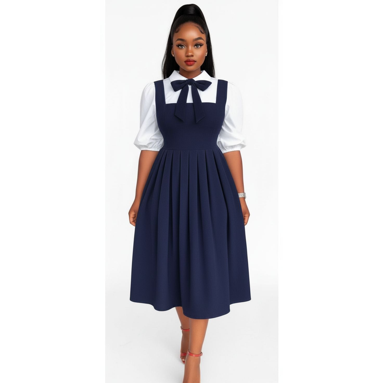 Three-quarter Sleeve Shirt with Square Neck Midi Dress & Bow-tie Set