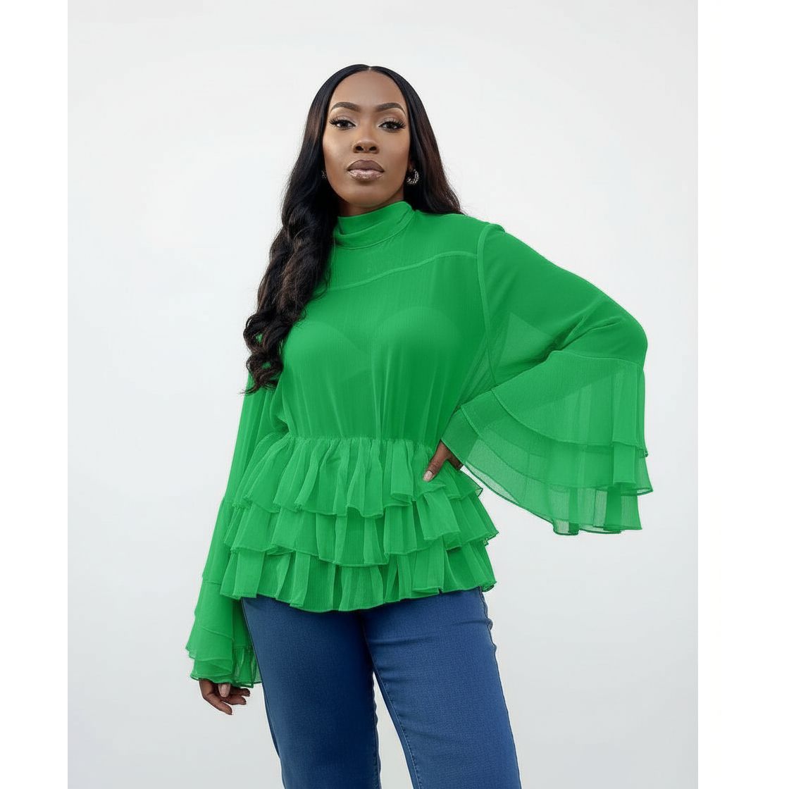 High-neck Ruffled Long-Sleeve Women's Blouse – YELLOW SUB TRADING