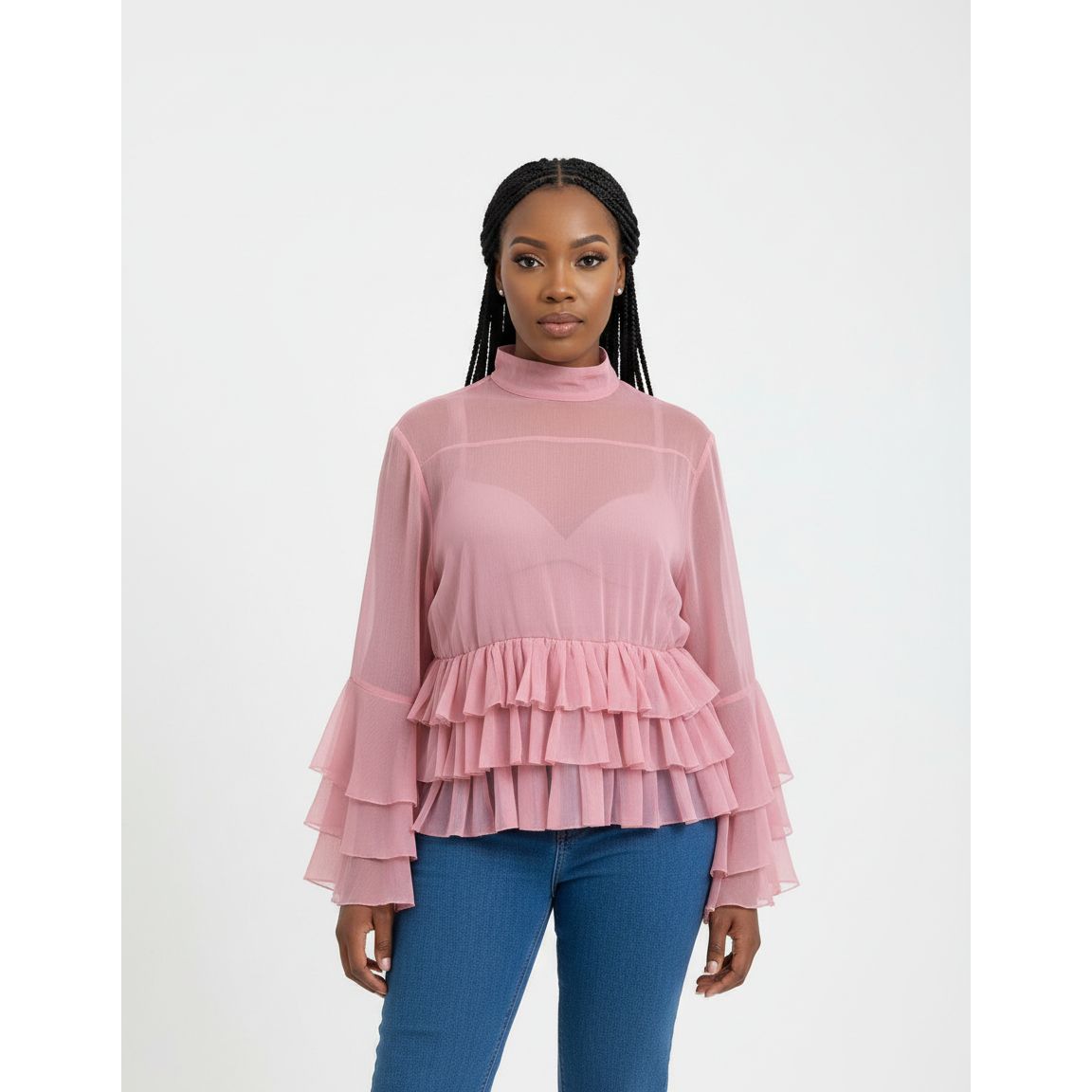 High-neck Ruffled Long-Sleeve Women's Blouse