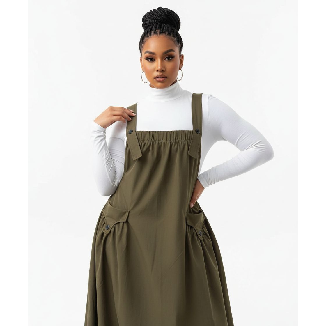 Fashion Square Neck Solid Overalls Sundress With Pocket Slip Dress