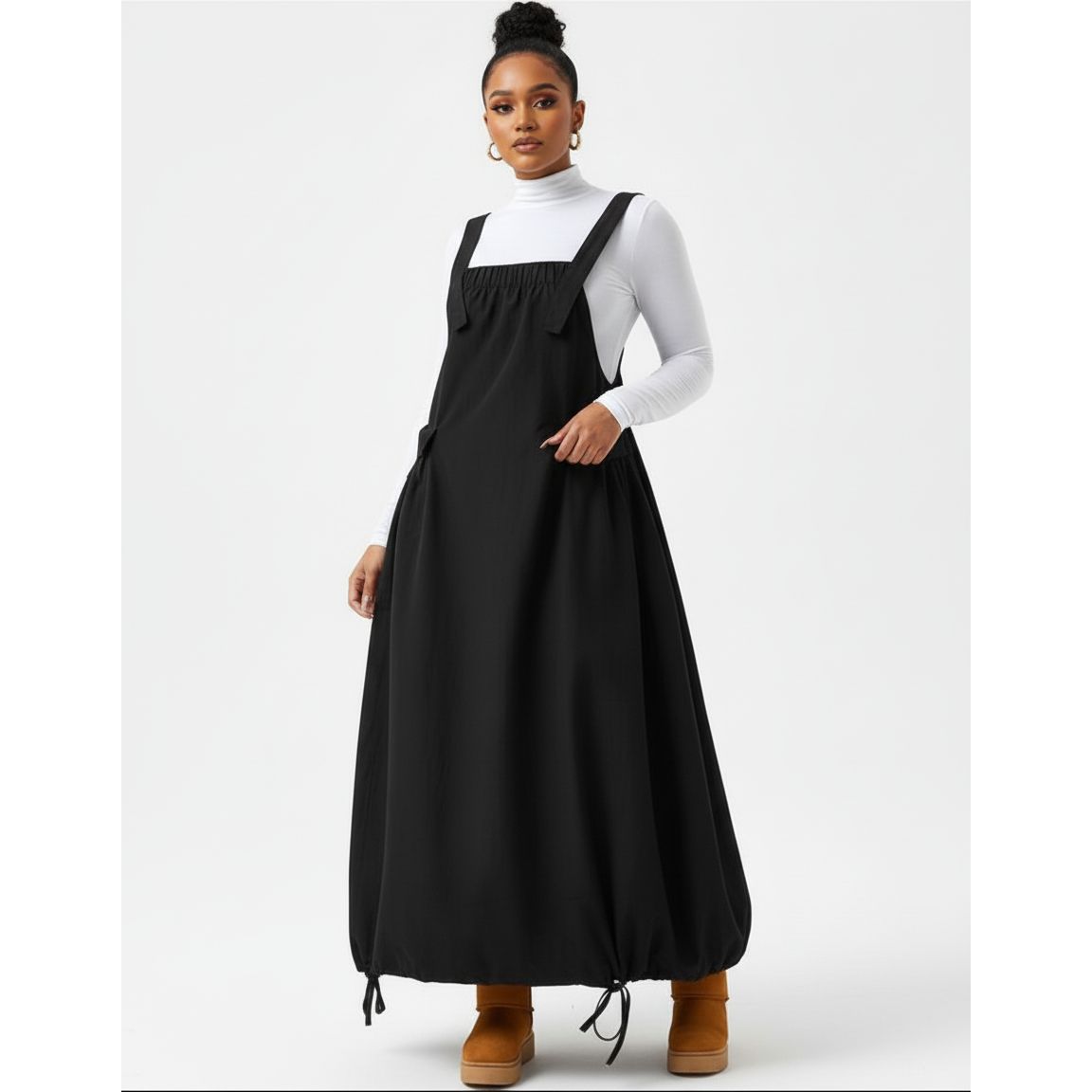 Fashion Square Neck Solid Overalls Sundress With Pocket Slip Dress