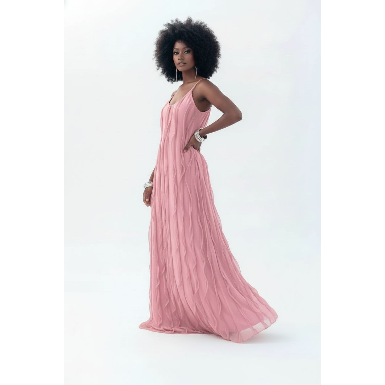 Sleeveless Pleated Solid Colour Maxi Dress
