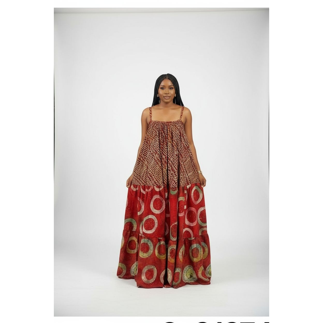 African print maxi dress with a tiered design