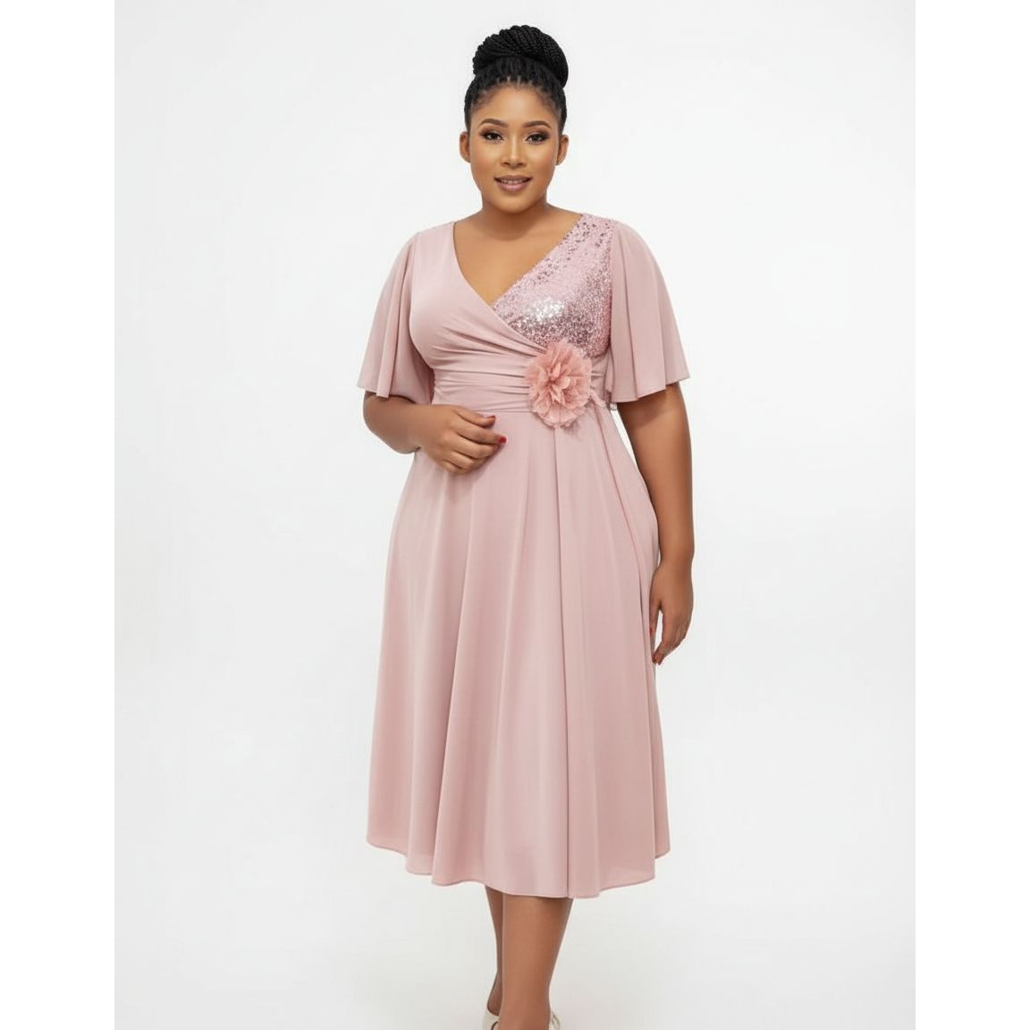 Plus Size Casual Short Sleeve Bow Tie Midi Flowy A-line Boho Dress