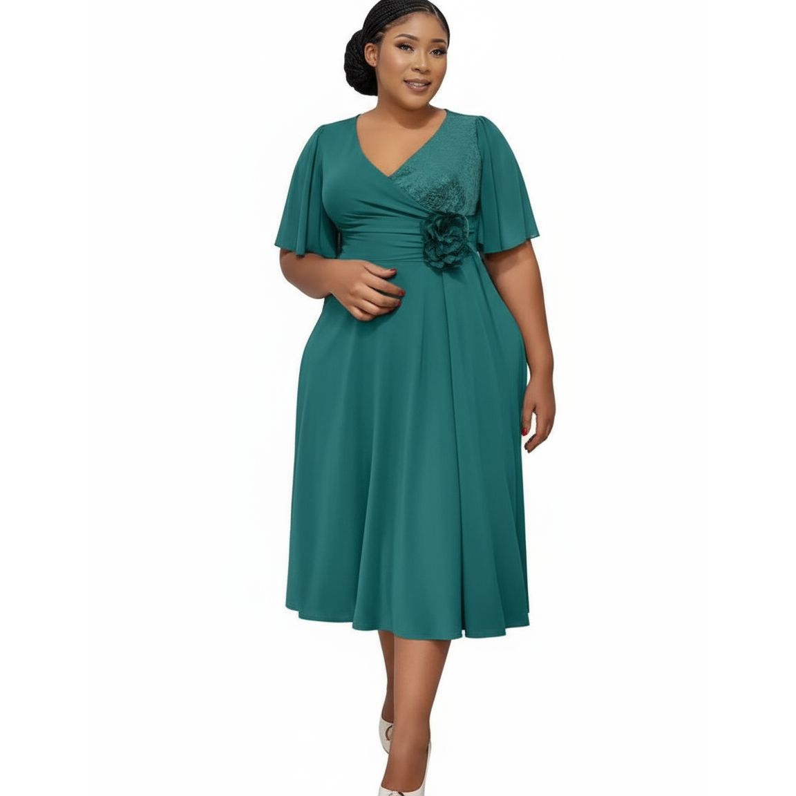 Plus Size Casual Short Sleeve Bow Tie Midi Flowy A-line Boho Dress