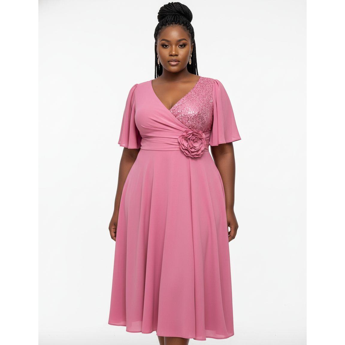 Plus Size Casual Short Sleeve Bow Tie Midi Flowy A-line Boho Dress