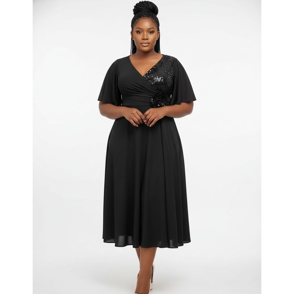 Plus Size Casual Short Sleeve Bow Tie Midi Flowy A-line Boho Dress