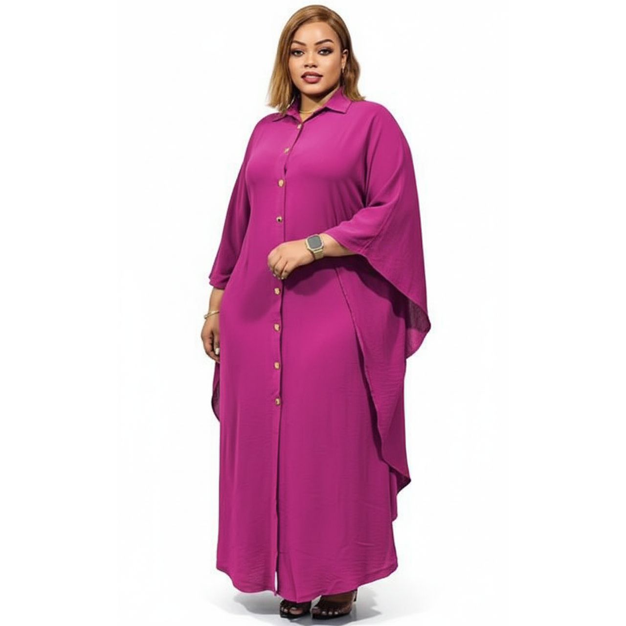 Front Button Casual Solid Color Maxi Sundress