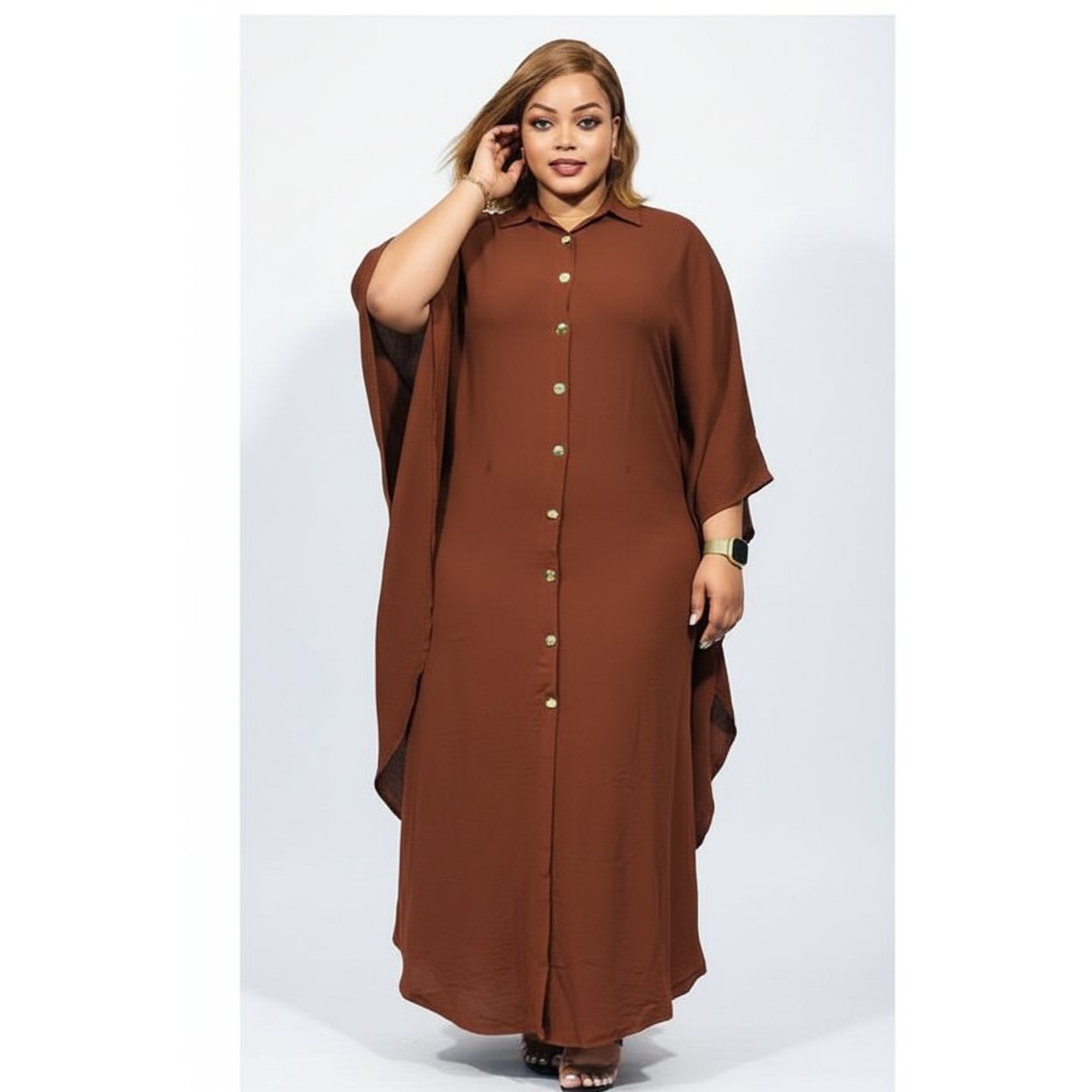 Front Button Casual Solid Color Maxi Sundress