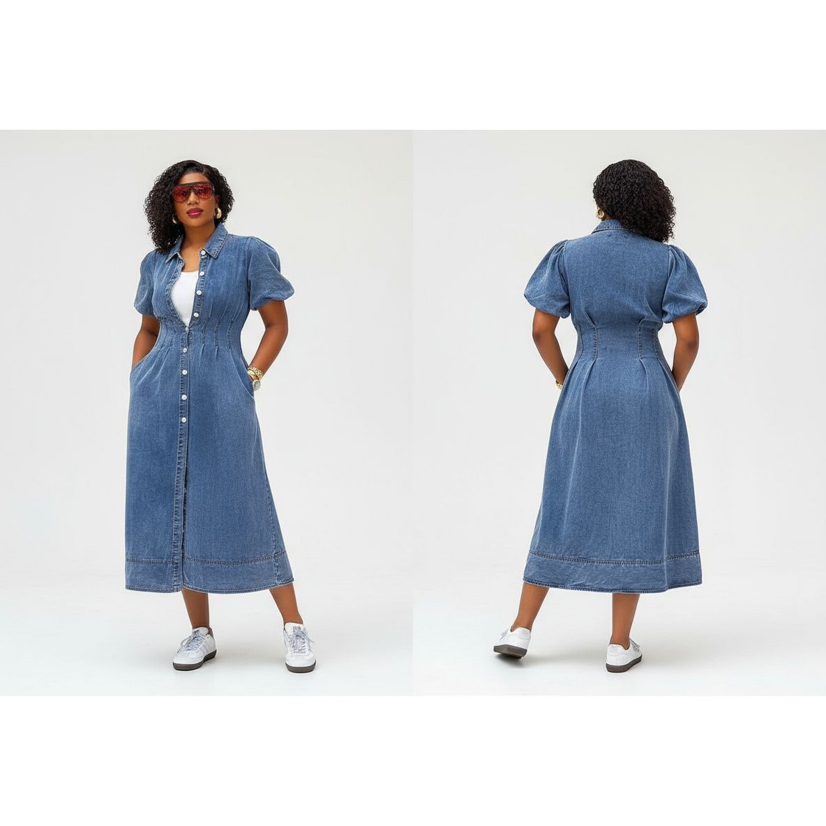Denim Button Detailed Slit Dress
