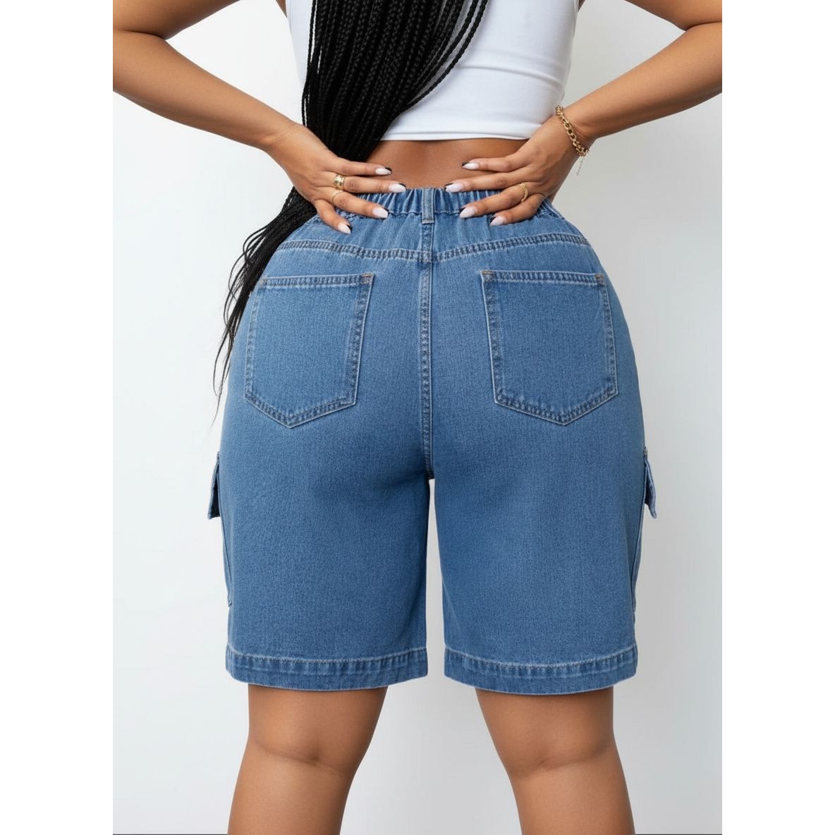 High-Rise Denim Cargo Shorts