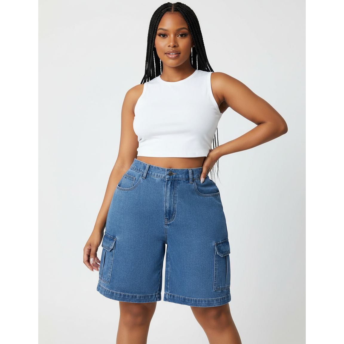 High-Rise Denim Cargo Shorts