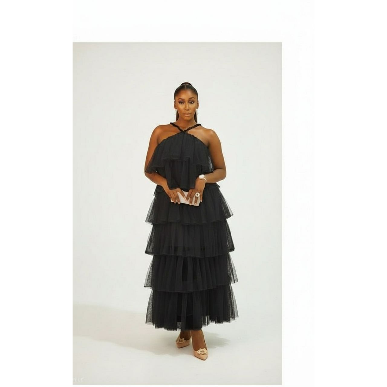 Halter Ruffles Tulle Maxi Dress