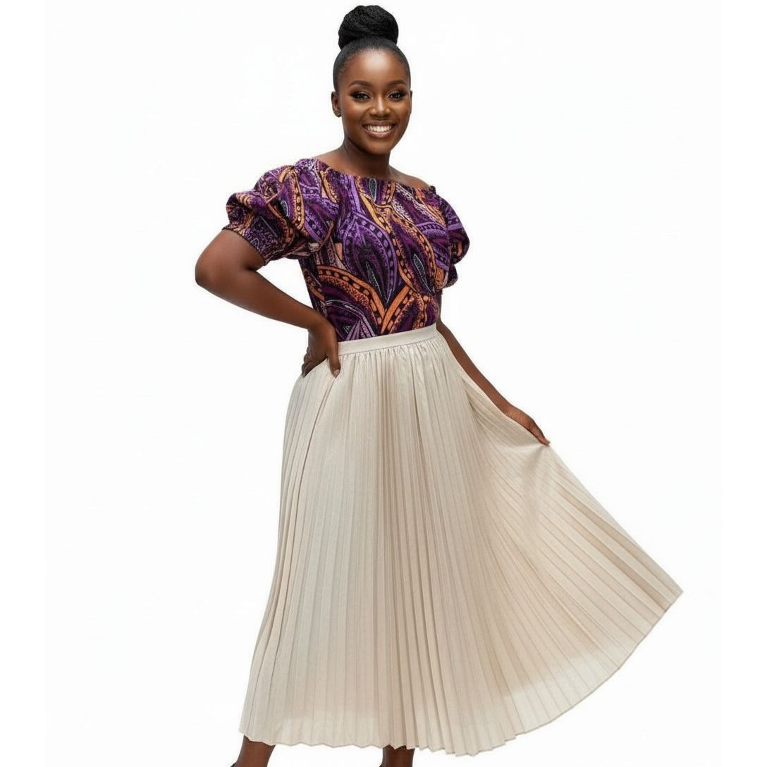 High Waisted Pleated Skirt and Printed Top Set