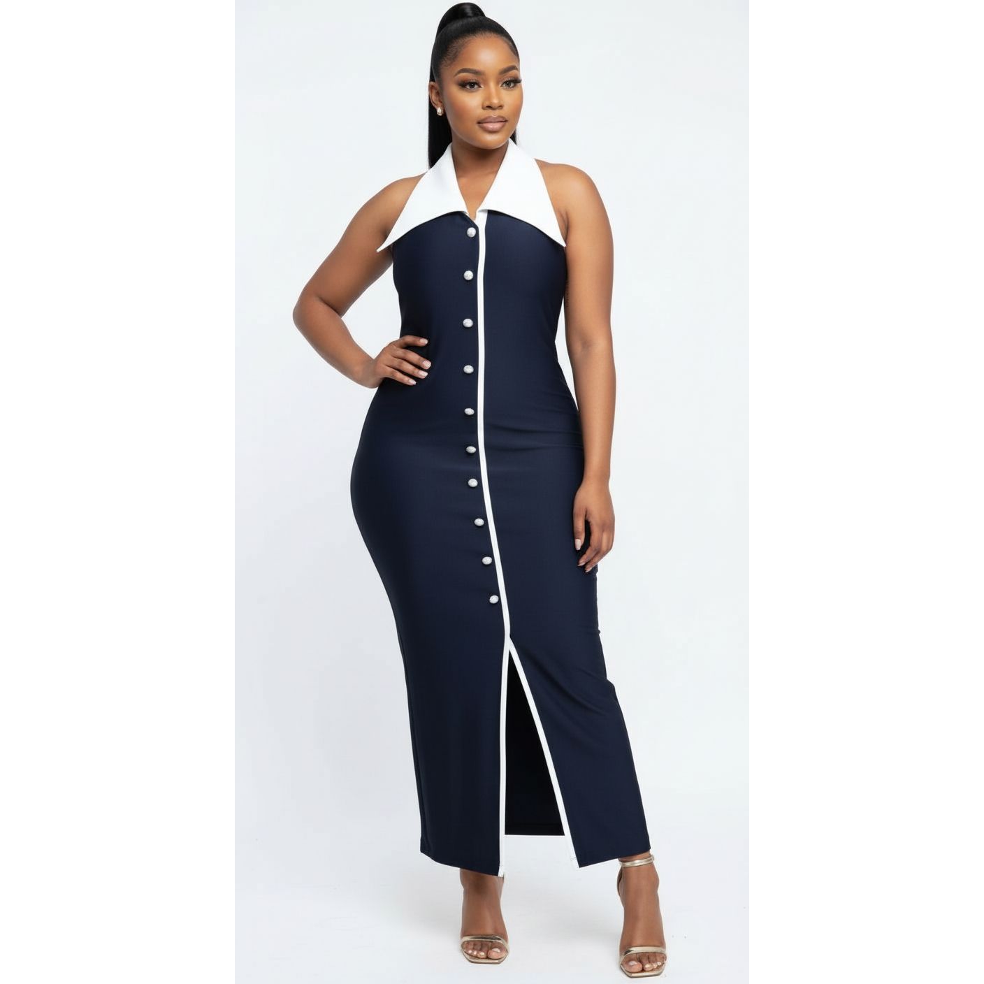 Women's Hanging Collar Neck Shirt Style Maxi Dress