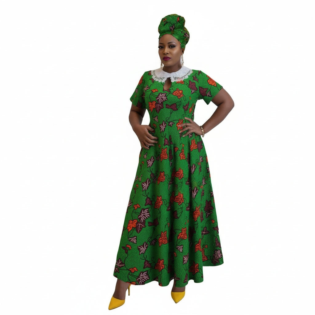 Ethnic Style Long Dress with Floral Pattern and Lace Accent