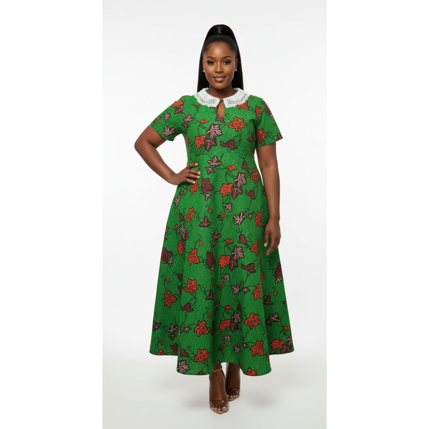 Ethnic Style Long Dress with Floral Pattern and Lace Accent