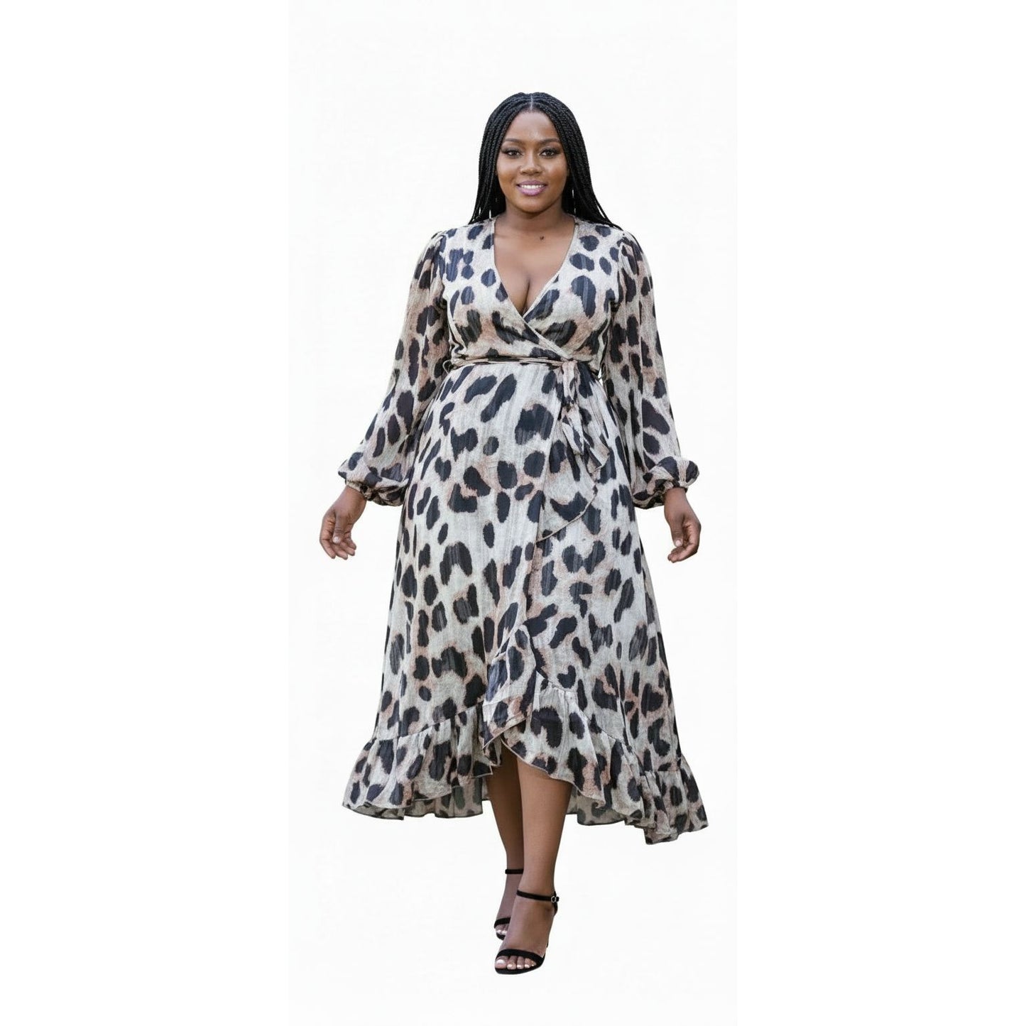 Woman wearing a leopard print dress on a white background