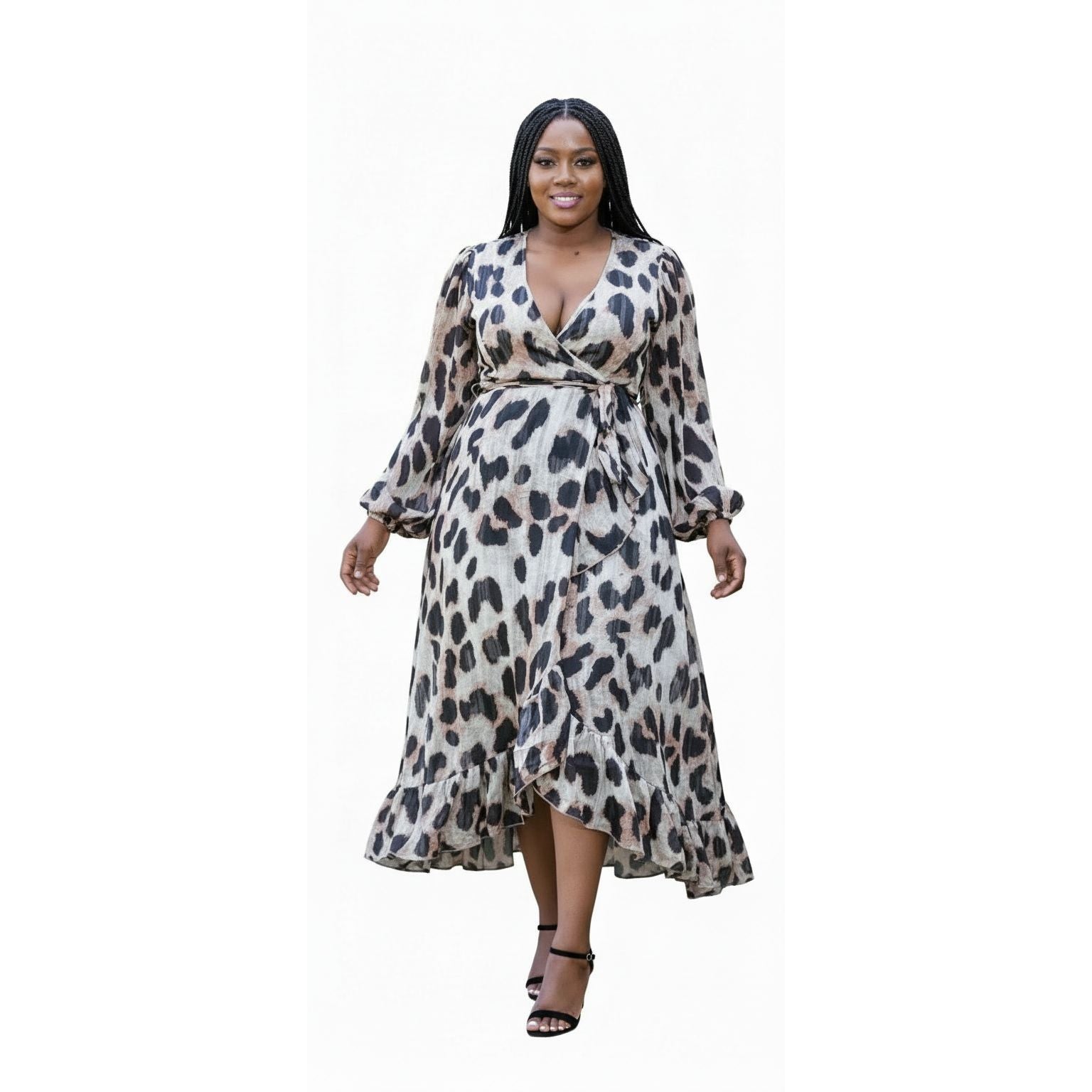 Woman wearing a leopard print dress on a white background