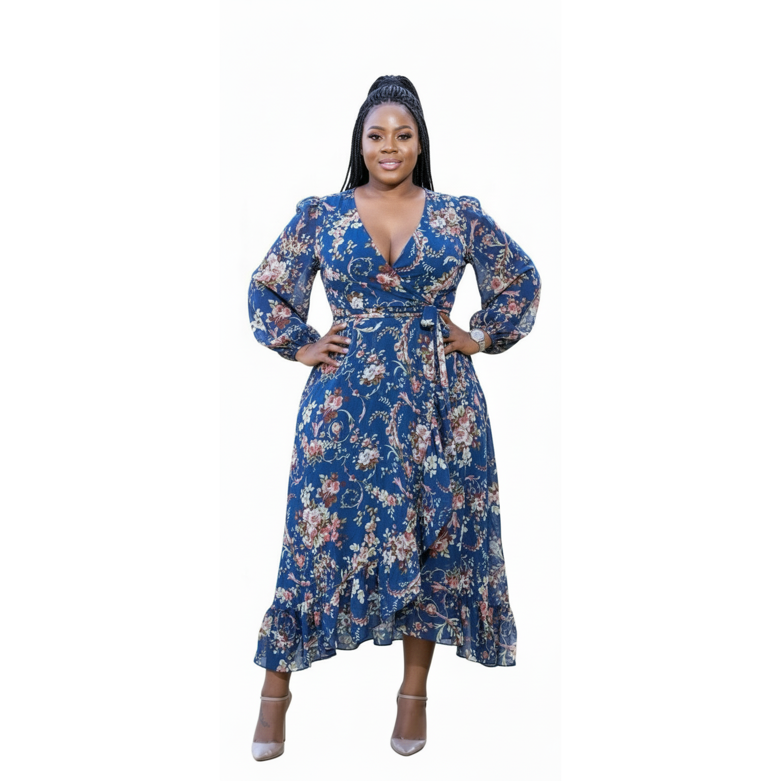 Blue Floral High-low Wrap Dress.