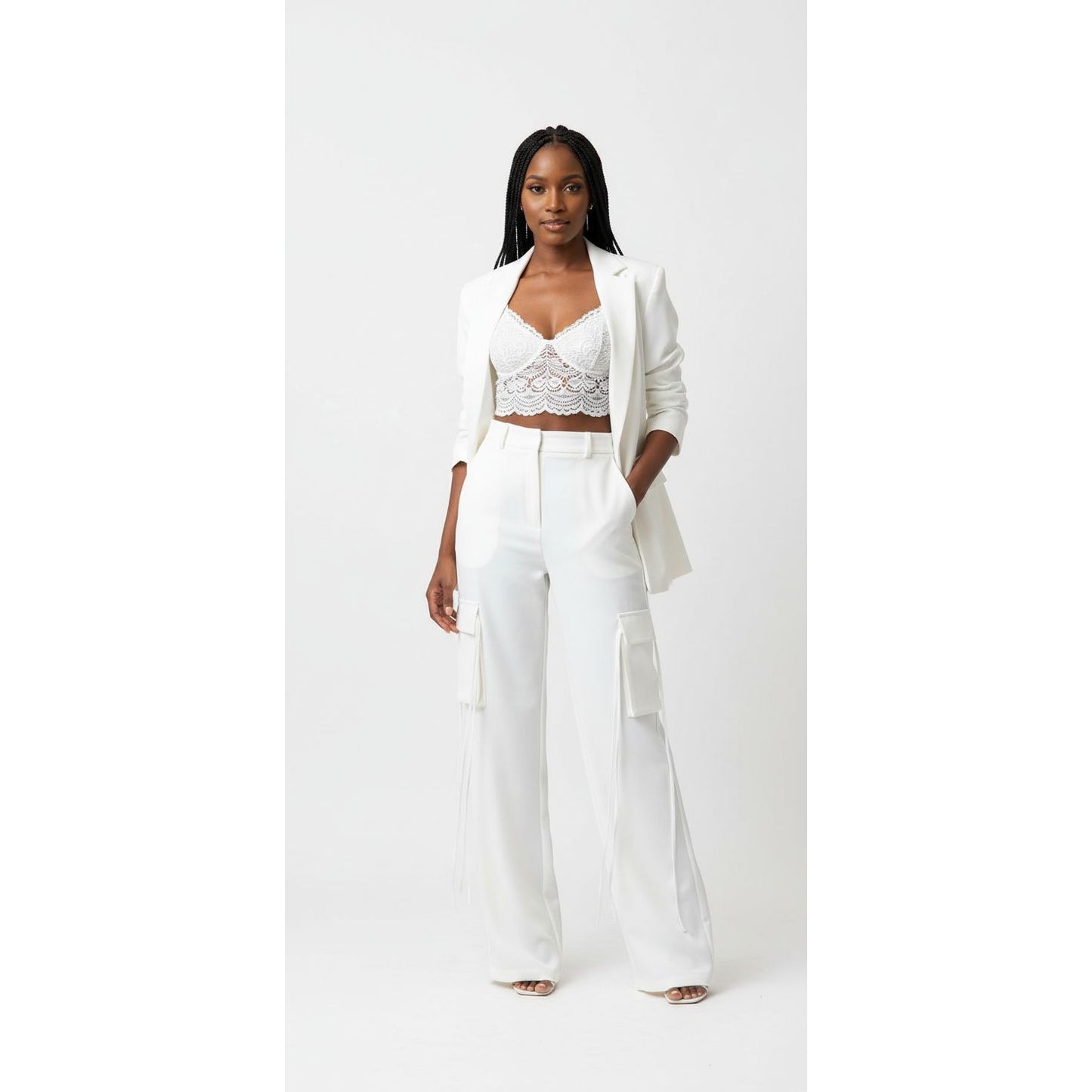 Cargo High Waist Wide-leg Pants and Blazer Tops 2 Piece Set.
