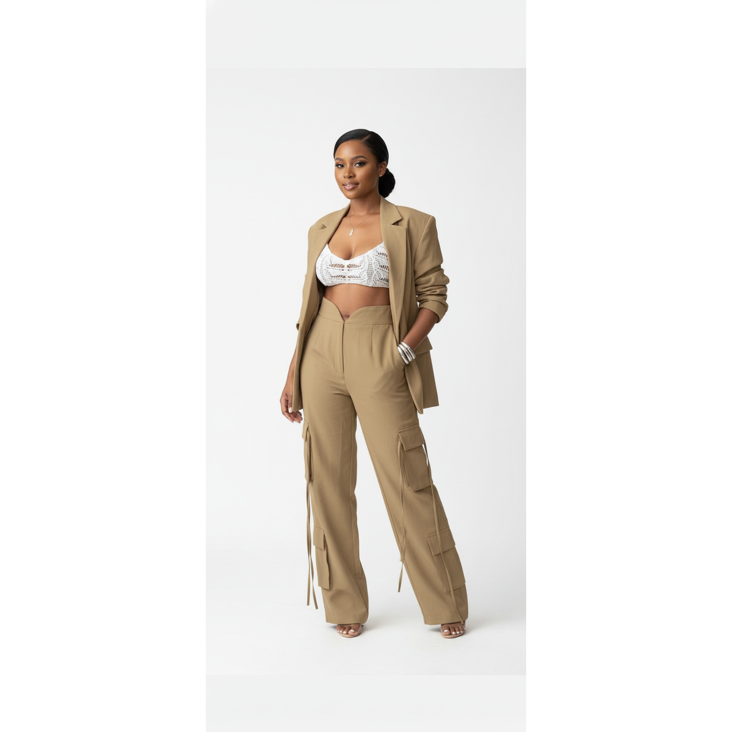 Cargo High Waist Wide-leg Pants and Blazer Tops 2 Piece Set.