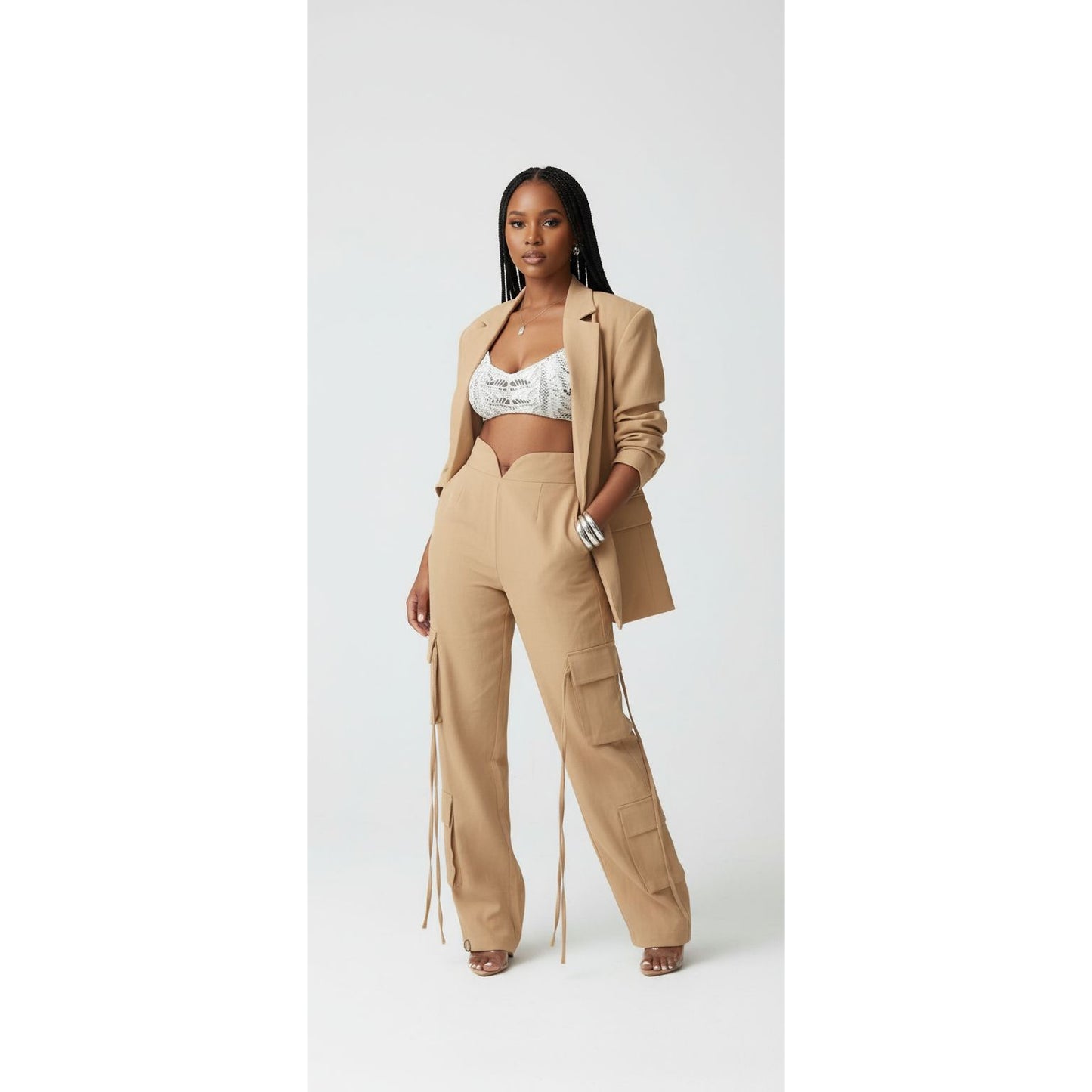 Cargo High Waist Wide-leg Pants and Blazer Tops 2 Piece Set.