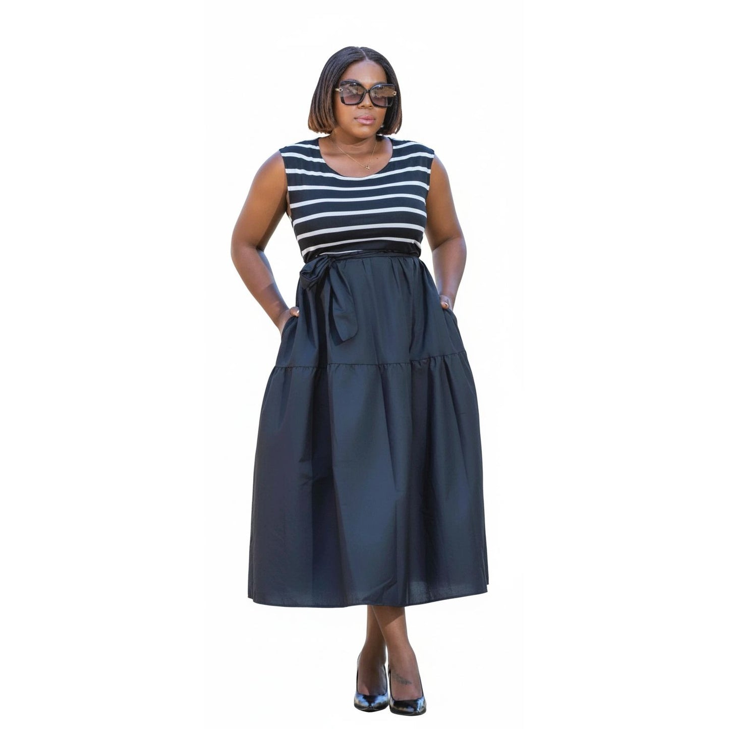 Striped top and a Black Tiered Midi Dress with a Waist Tie and Pockets.