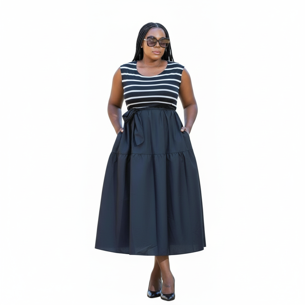 Striped top and a Black Tiered Midi Dress with a Waist Tie and Pockets.