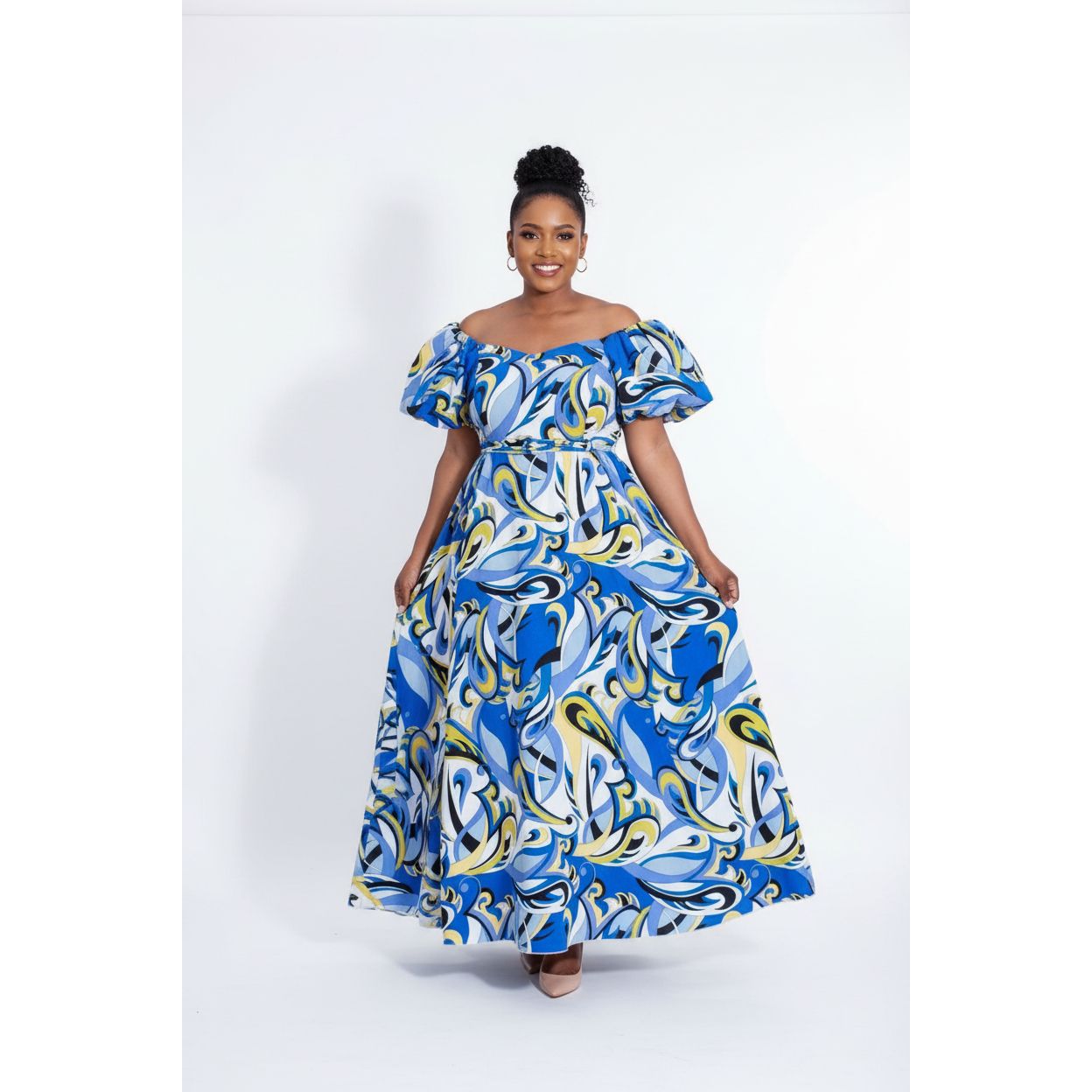 Abstract Print Off-Shoulder Long Dress.