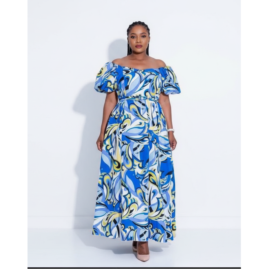 Abstract Print Off-Shoulder Long Dress.