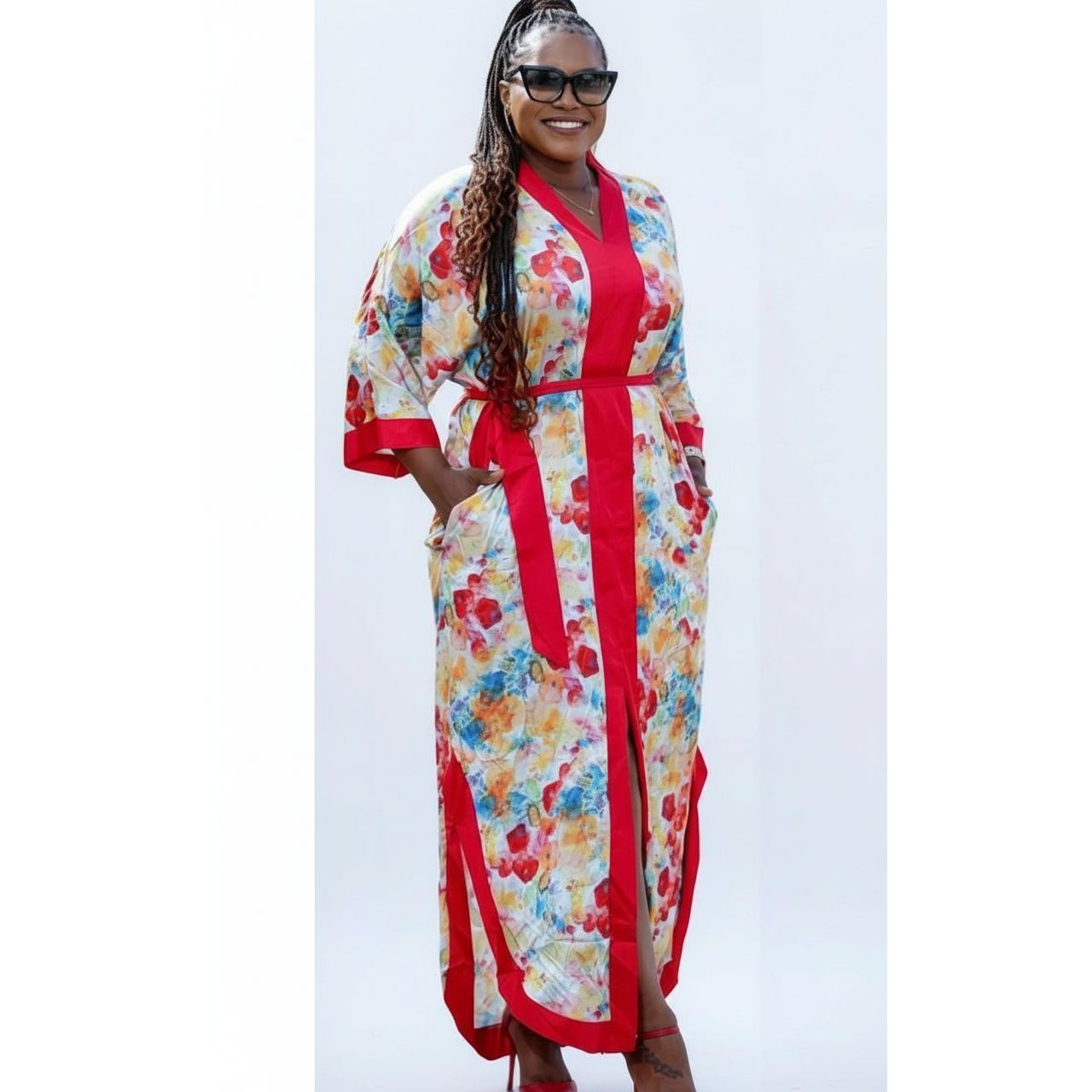 Colorful Floral Print Robe with Red Trim Dress