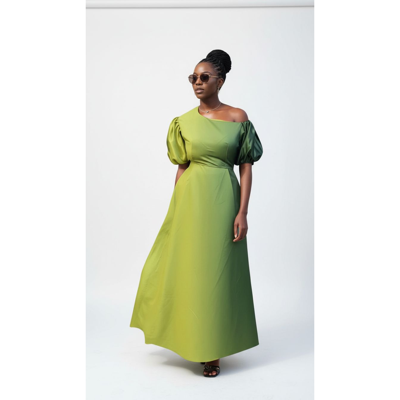 Puff-sleeve A-line Fitted Waist Maxi Dress